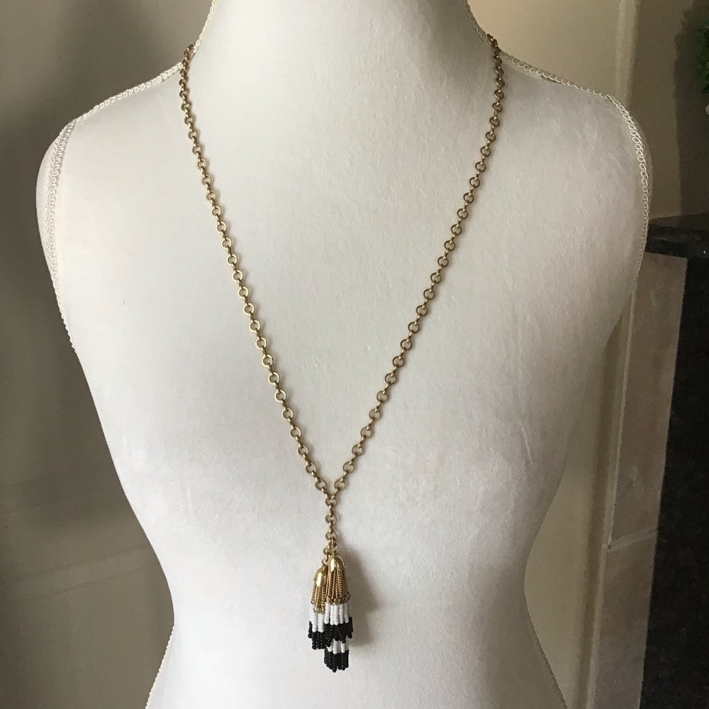 J.Crew Tassel Necklace Gold Tone Chain Black White Seed Bead Fringe Boho Chic - Picture 8 of 14